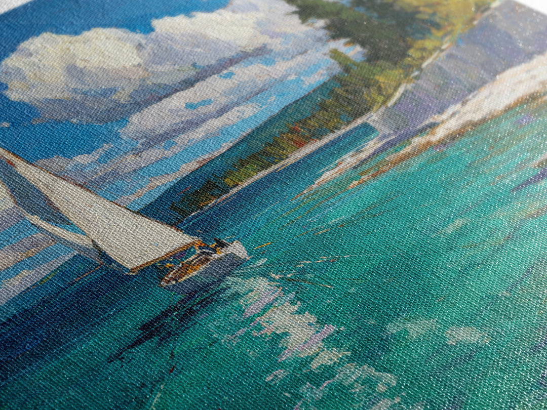 White Sailboat On Turquoise Lake Wall Art, Coastal Landscape Painting, Nautical Lake House Decor, Impasto Framed Canvas Print