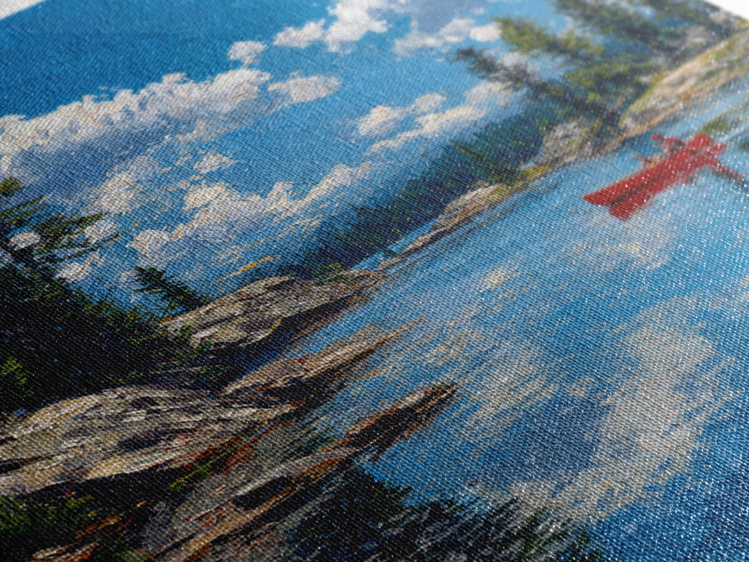 Red Canoe On Alpine Lake Wall Art, Mountain Landscape Painting, Rustic Cabin Decor, Pine Forest Nature Lover Framed Canvas Print