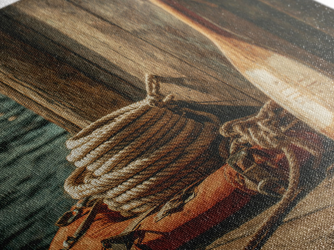 Weathered Oar And Coiled Rope Canvas Print, Nautical Wall Art, Rustic Coastal Decor, Seaside Lake House Gift For Boat Lovers