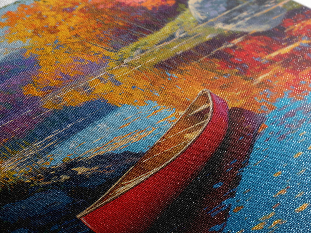 Red Canoe On Autumn Lake Wall Art, Colorful Fall Landscape Painting, Cabin Decor, Nature Wall Art, Housewarming Gift, Large Canvas Print