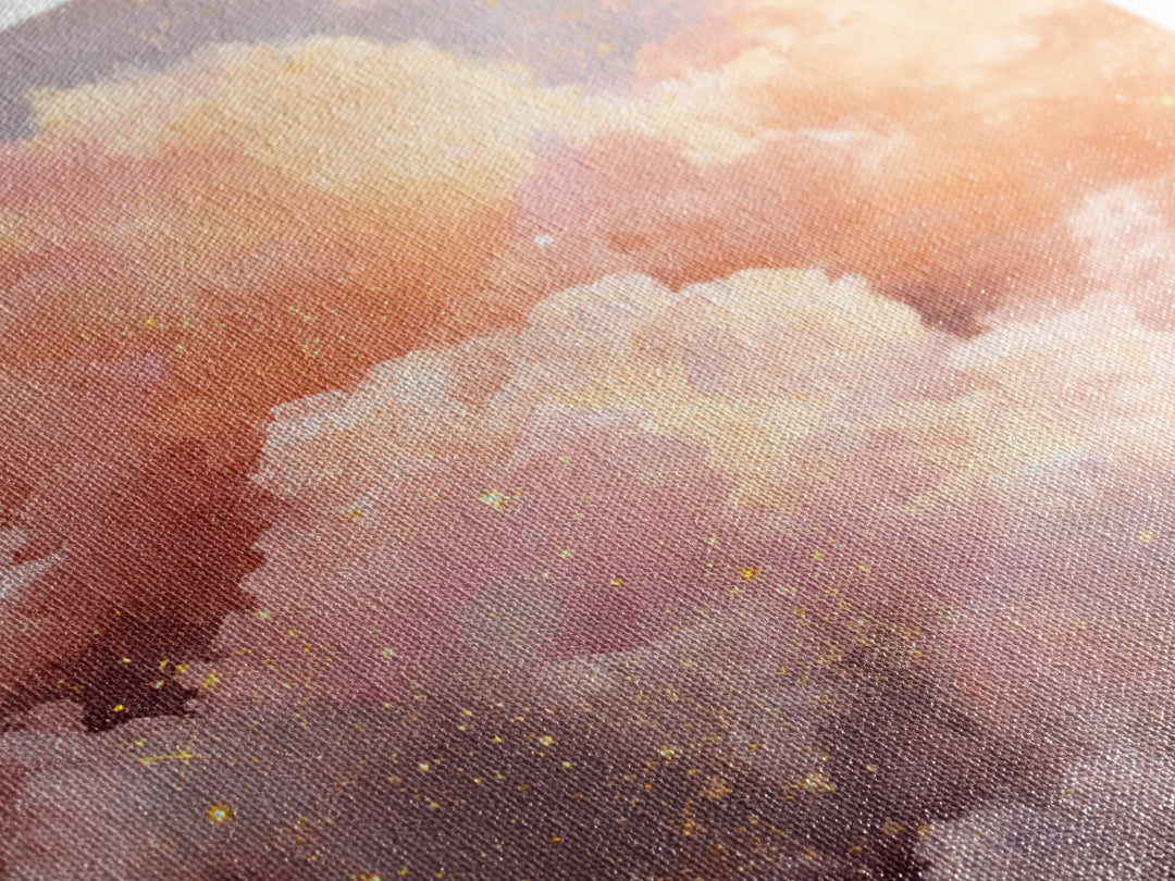 Blush Pink Celestial Clouds With Golden Stars Wall Art, Dreamy Sky Canvas, Pastel Bedroom Decor, Nursery Gift, Ethereal Home Decor