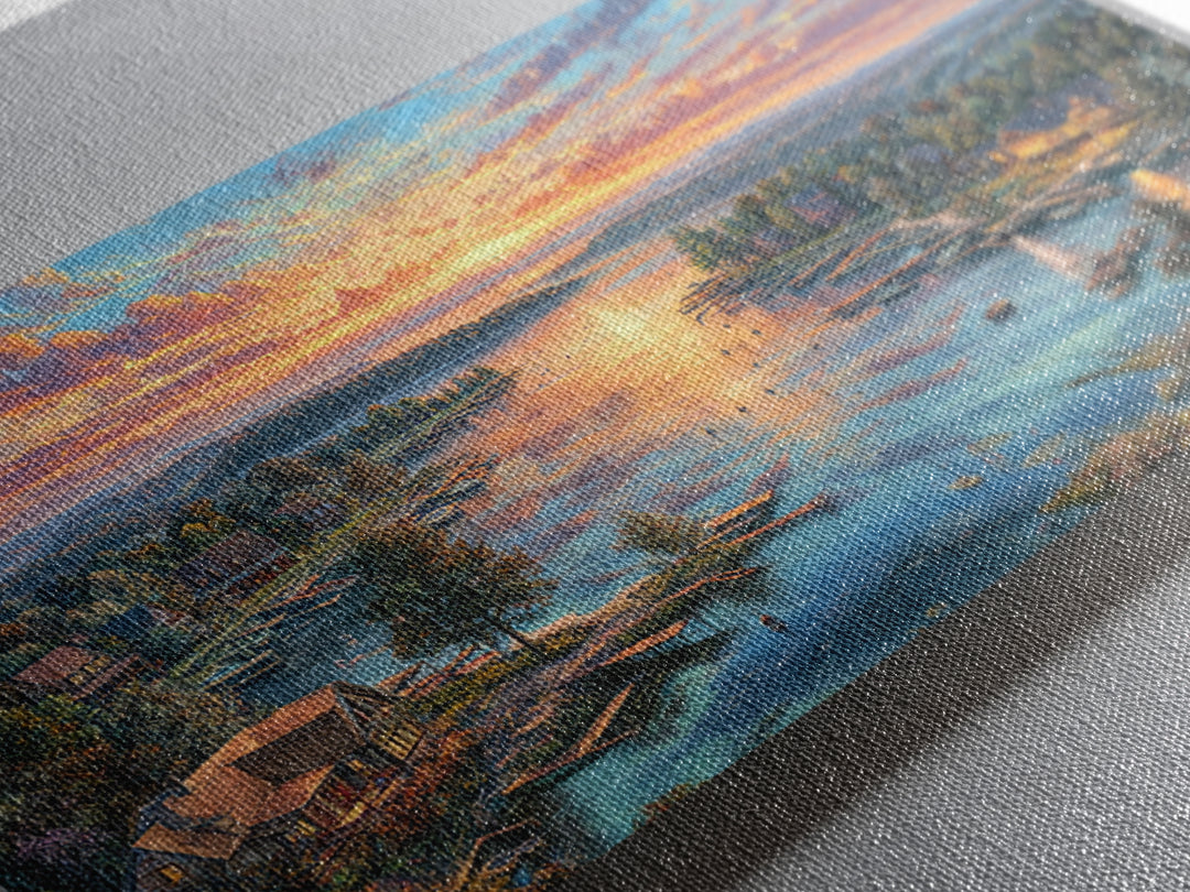 Sunset Lake Village Framed Canvas Print, Panoramic Landscape Wall Art, Coastal Cabin Decor, Large Living Room Art, Housewarming Gift
