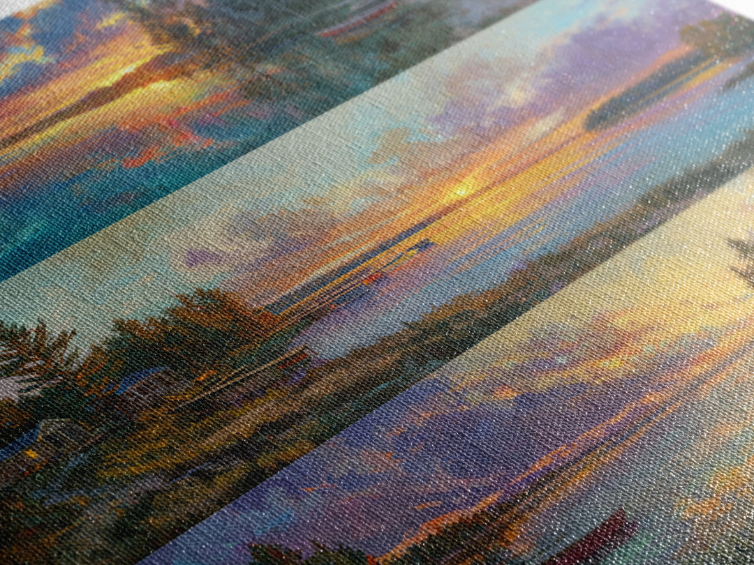 Three Serene Lake Sunset Panels Canvas Print, Panoramic Landscape Wall Art, Cabin Decor, Coastal Living Room Prints, Lake House Art