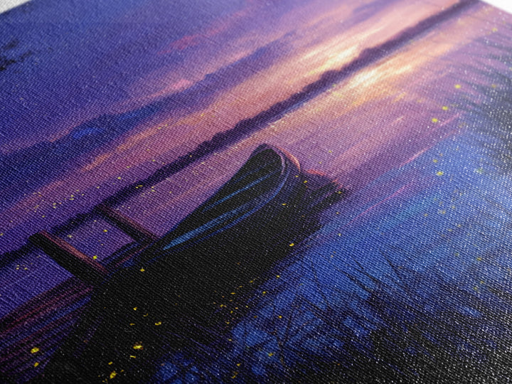 Twilight Lake With Boat And Fireflies Painting Wall Art, Dreamy Night Landscape Print, Romantic Nature Bedroom Decor
