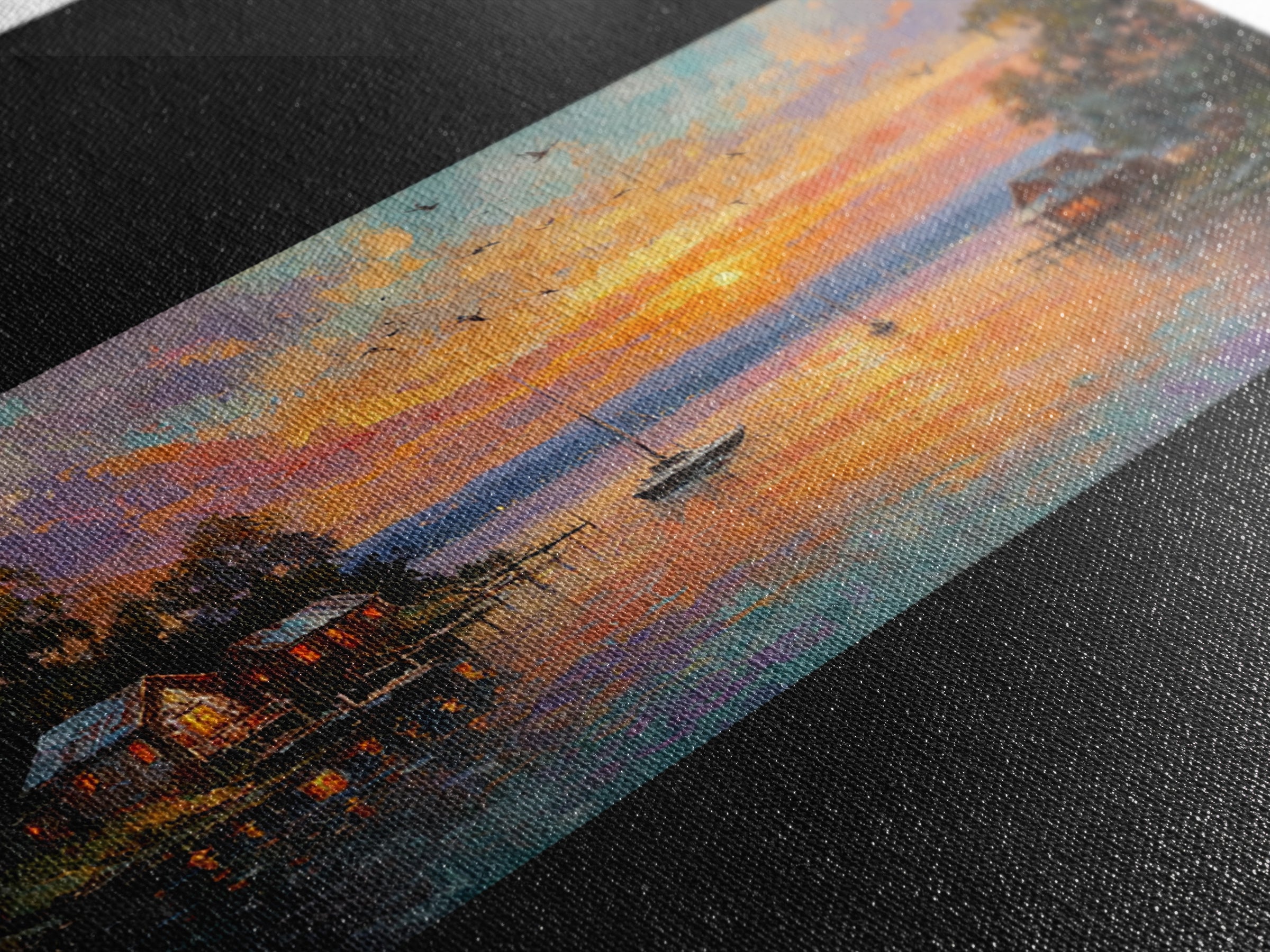 Sunset Lake Houses Palette Knife Painting Panoramic Wall Art Large Horizontal Canvas Print Coastal Wall Decor