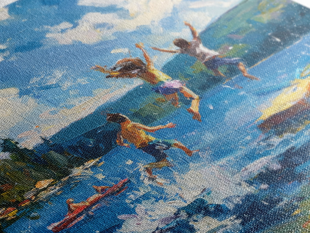 Kids Jumping Off Dock Lake Day Wall Art, Colorful Impressionist Summer Canvas Print, Playful Lake House Painting For Family Room Or Nursery