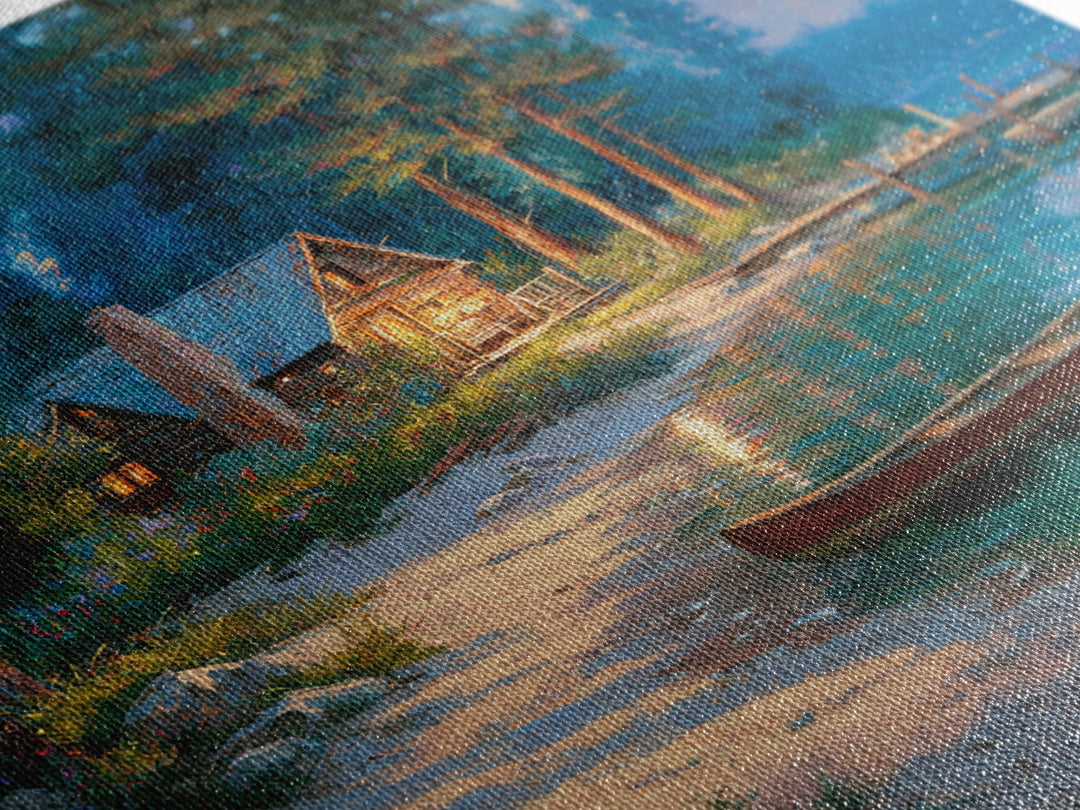 Cozy Lakeside Cabin At Dusk Landscape Wall Art Print, Rustic Lake House Home Decor, Nature Painting Living Room Wall Art