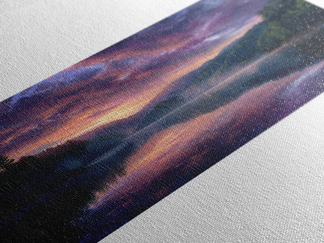 Panoramic Lake Sunset Landscape Wall Art, Reflective Sky Canvas Print, Calming Extra Wide Over Sofa Decor