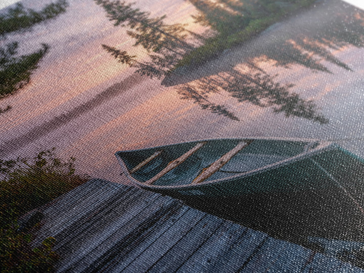 Tranquil Canoe At Sunrise Lake Landscape Wall Art Print, Serene Nature Photography, Cabin Rustic Home Decor Wall Art