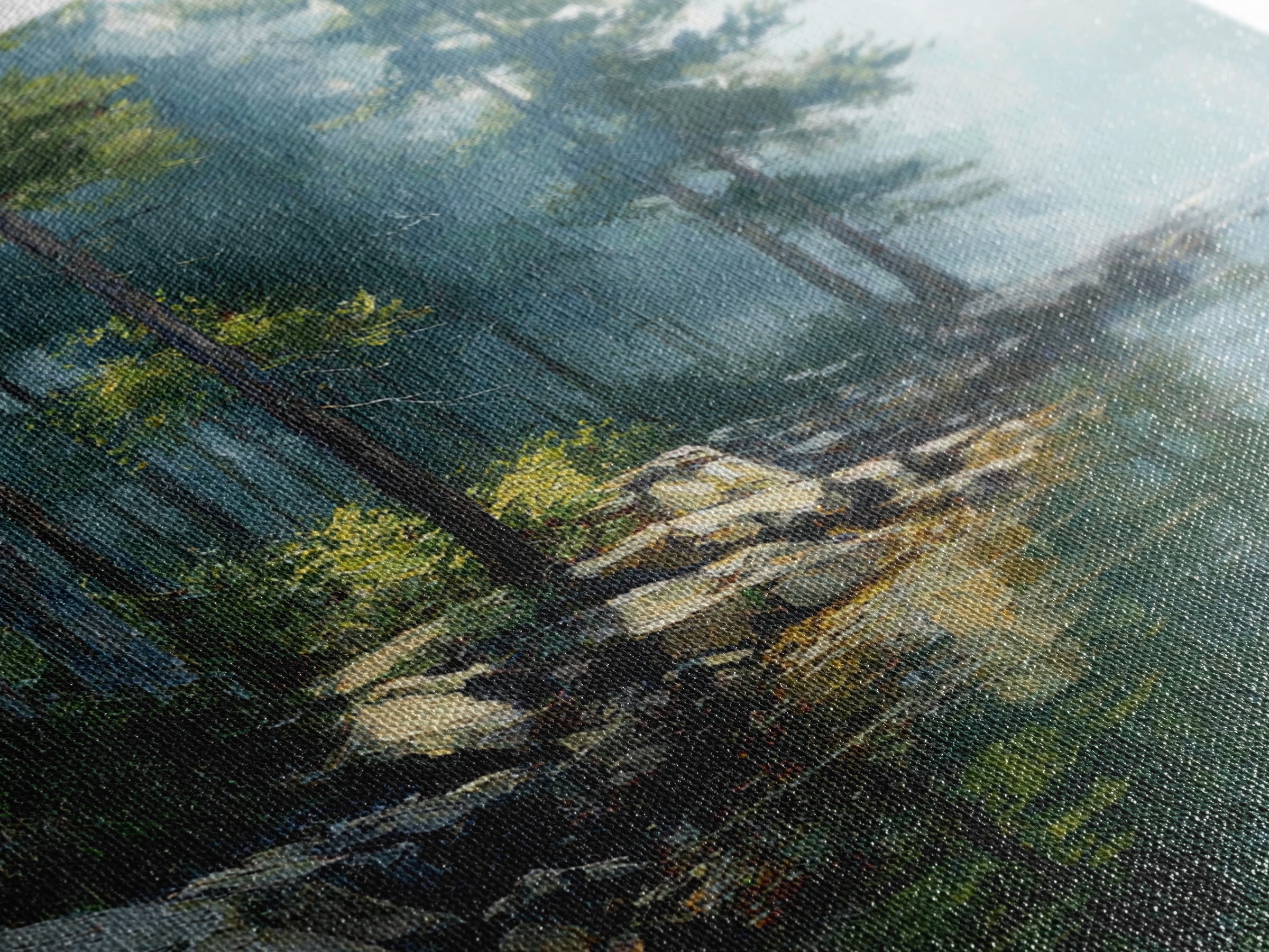 Misty Forest Lake Landscape Wall Art, Tranquil Nature Painting, Cabin Retreat Decor, Large Coastal Forest Canvas Print