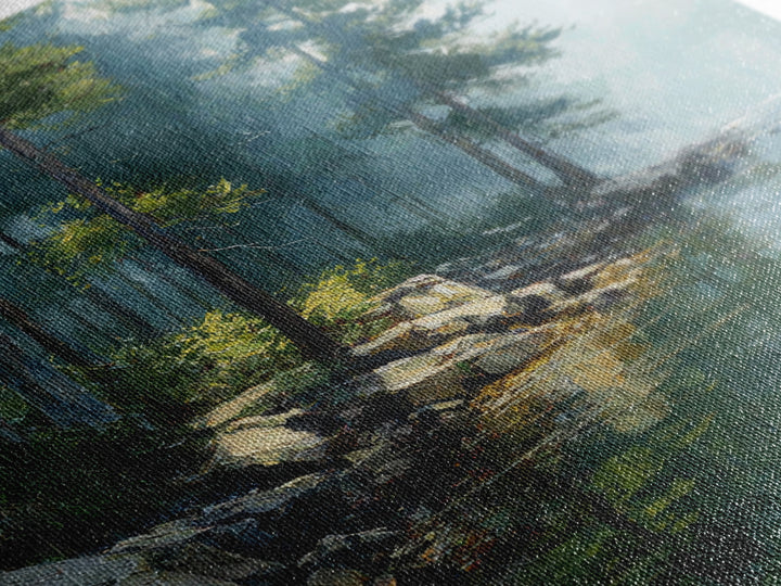 Misty Forest Lake Landscape Wall Art, Tranquil Nature Painting, Cabin Retreat Decor, Large Coastal Forest Canvas Print