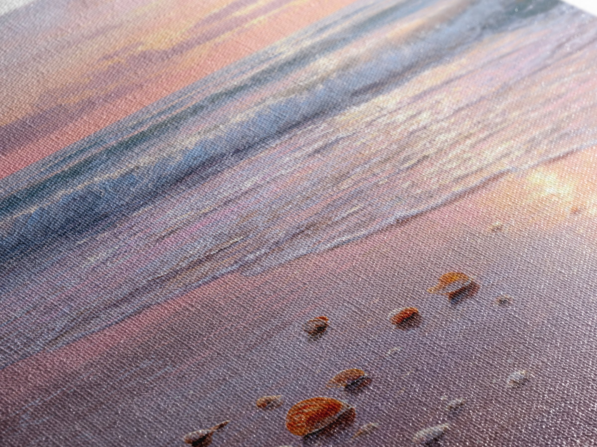 Pastel Sunset Ocean Shore With Seashells Canvas Print, Pink Coastal Wall Art, Beach House Decor, Calming Seascape, Living Room Wall Decor