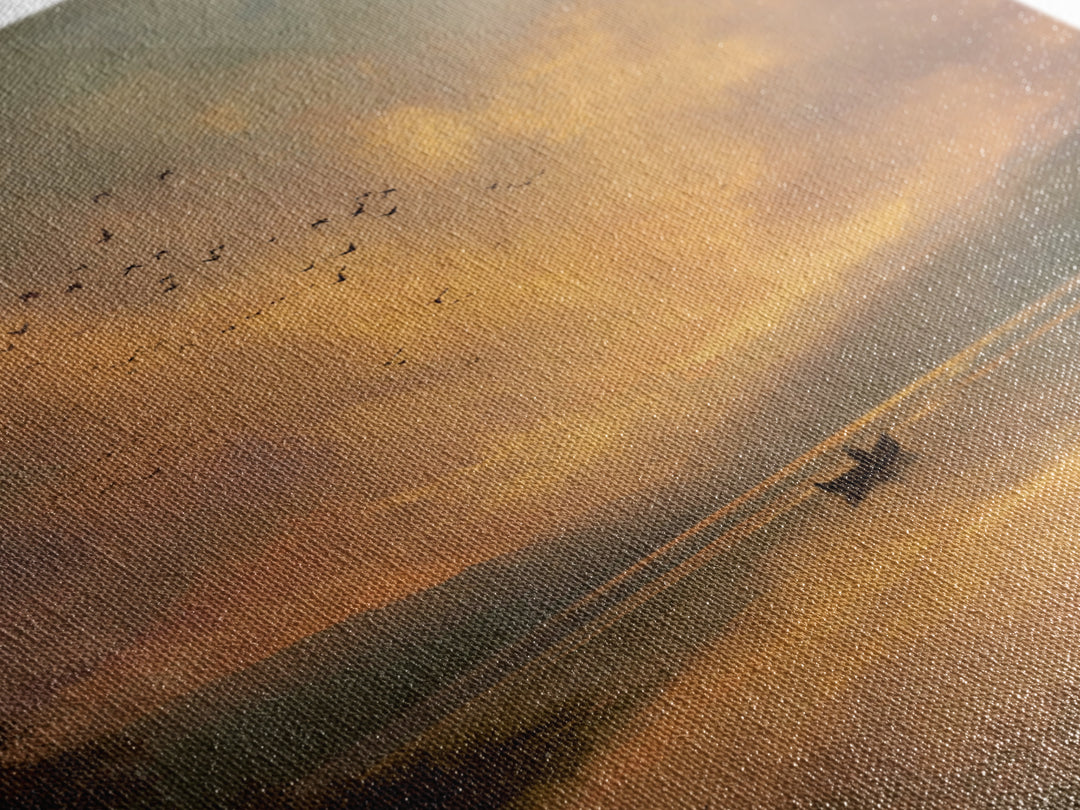 Golden Sunset Rowboat Landscape Wall Art, Romantic Lake Canvas Print For Cozy Living Room Decor And Bedroom Wall