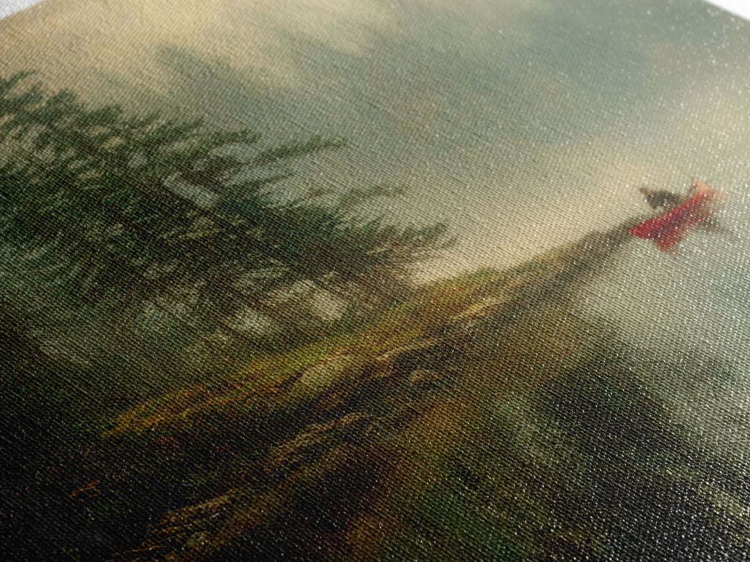 Misty Forest Lake With Red Canoe Wall Art, Peaceful Morning Landscape Canvas Print, Cozy Cabin Decor Artwork