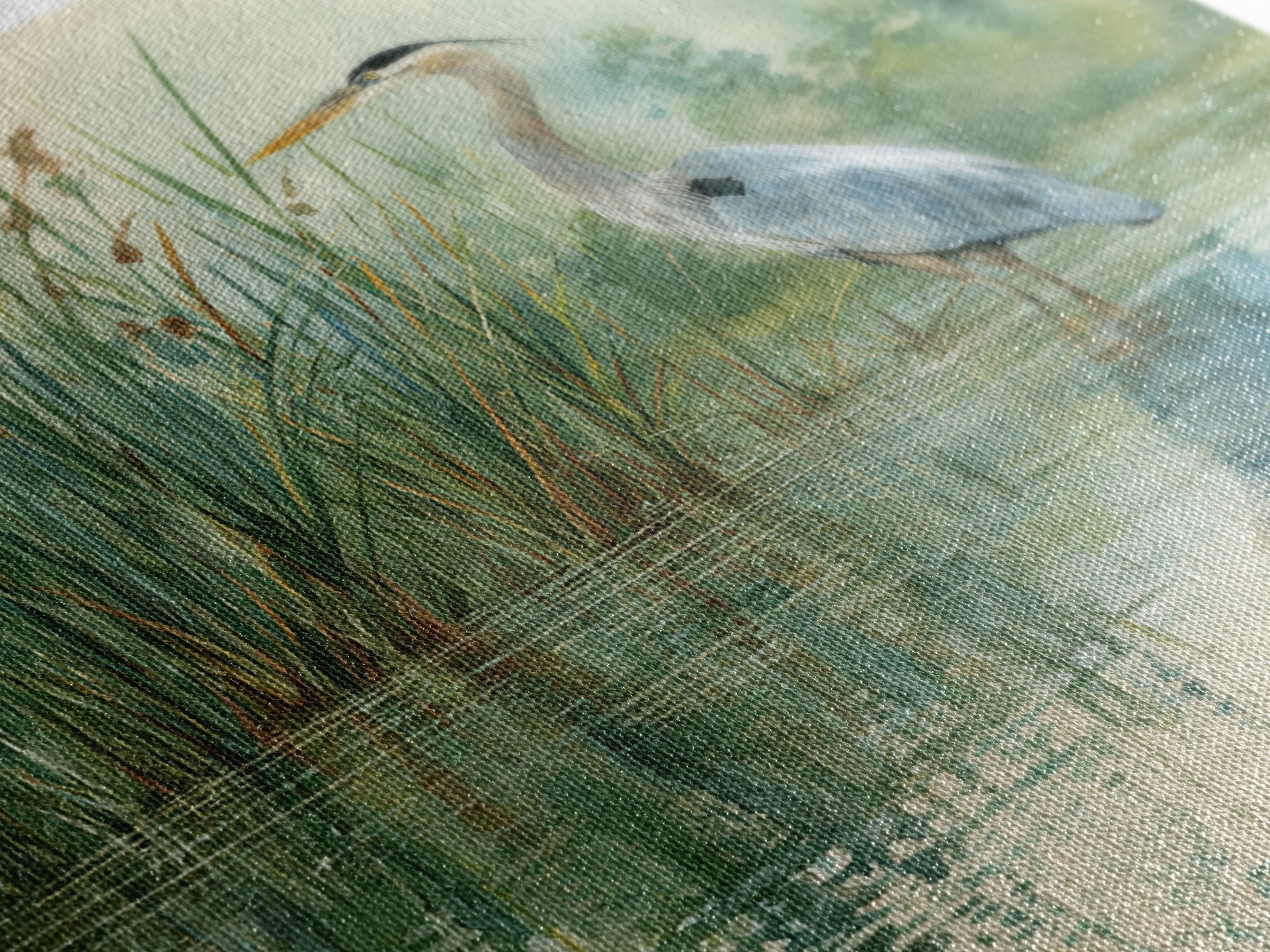 Heron Marsh Watercolor Wall Art, Nature Bird Canvas Print, Tranquil Coastal Landscape Art For Bathroom Or Living Room
