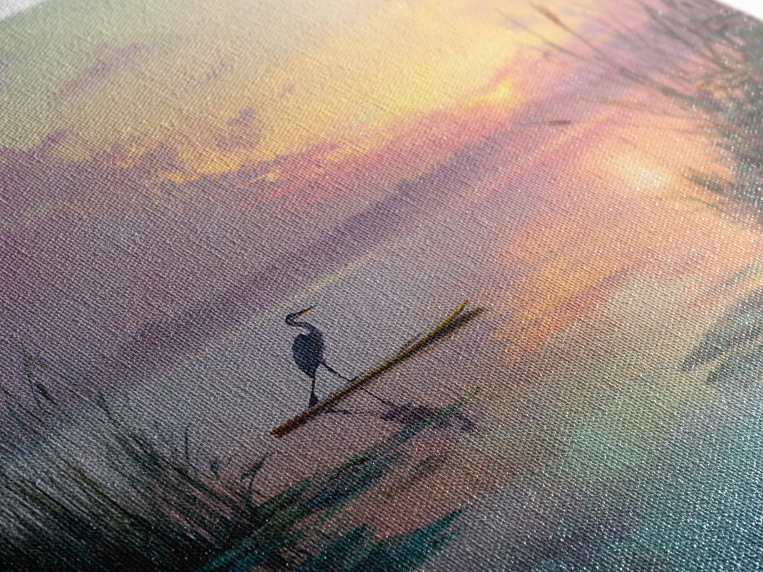 Pastel Lake Sunrise Heron Reeds And Lilies Landscape Wall Art Canvas Print Calming Nature Home Decor Bedroom Wall Art