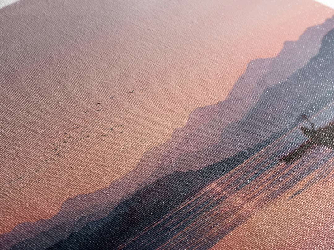 Serene Kayak At Pink Mountain Sunrise Landscape Wall Art, Calming Lake Painting, Nature Home Decor Canvas Print