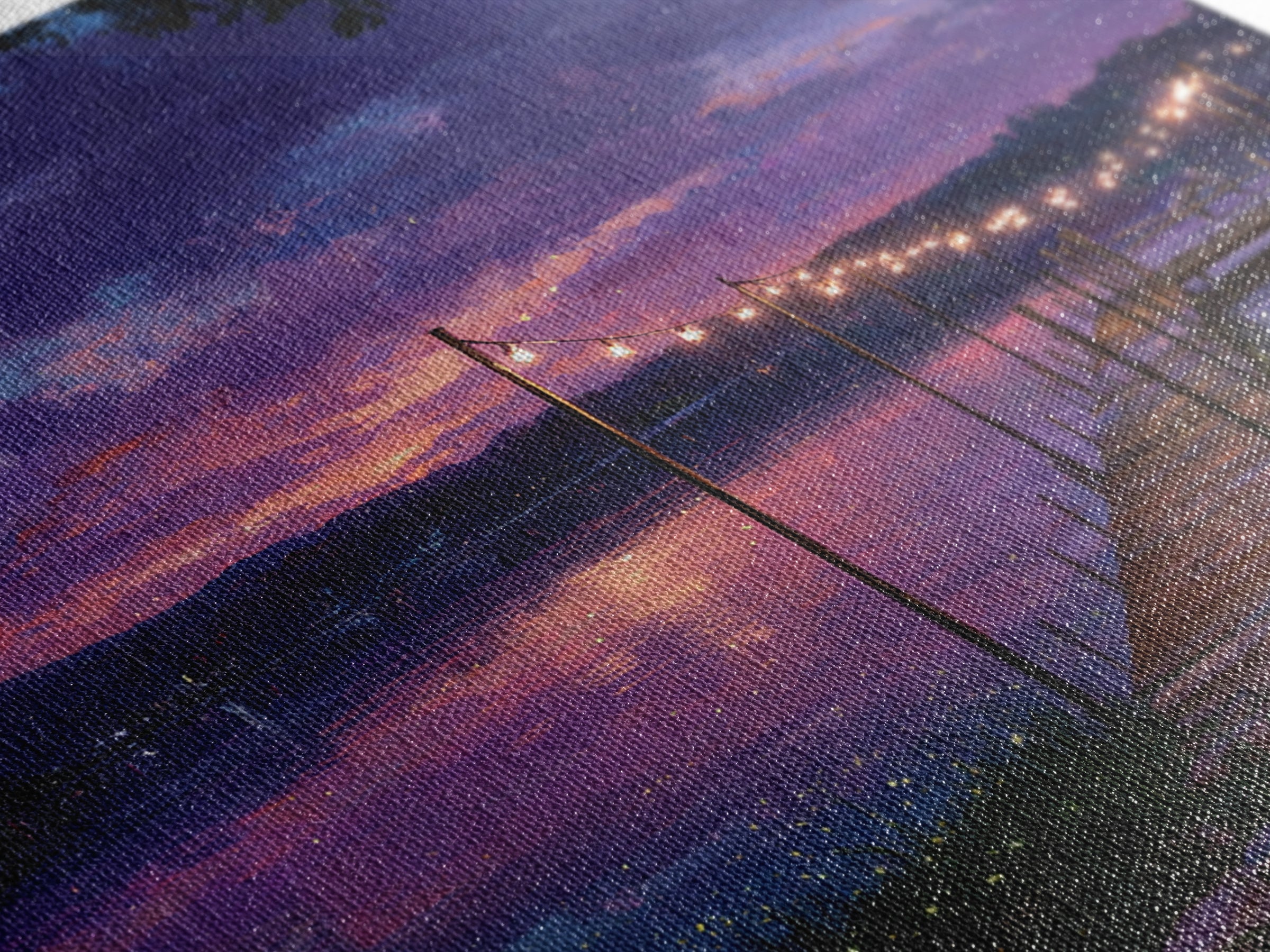 Magical Lakeside Dock At Twilight Wall Art, Firefly Lake Sunset Painting, Calming Landscape Canvas Print Home Decor