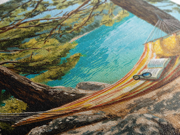 Hammock By Turquoise Lake Wall Art, Cozy Reading Nook In Pines Painting Print, Summer Cabin Home Decor Framed Canvas Print
