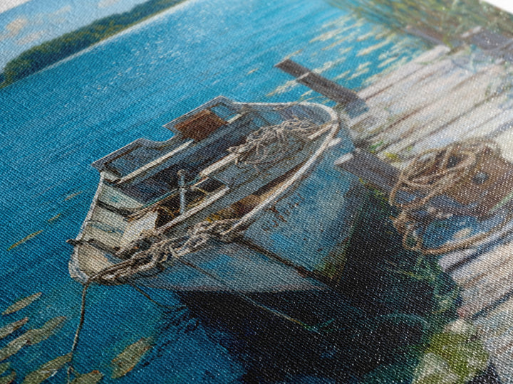 Serene Rowboat Lake Landscape Wall Art For Beach House Decor, Coastal Seascape Canvas Print, Nautical Living Room Artwork
