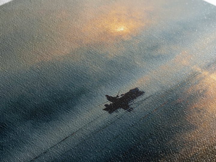 Misty Lake Sunrise Fisher In Boat Landscape Wall Art, Calming Nature Canvas Print, Modern Home Decor Living Room Art
