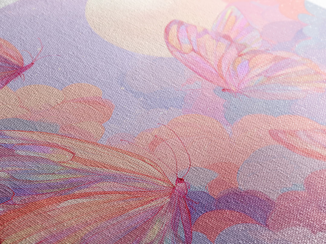 Pastel Pink Butterflies Moon Wall Art, Dreamy Celestial Canvas Print, Coquette Nursery Decor, Whimsical Bedroom Art Gift For Her