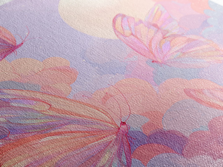 Pastel Pink Butterflies Moon Wall Art, Dreamy Celestial Canvas Print, Coquette Nursery Decor, Whimsical Bedroom Art Gift For Her