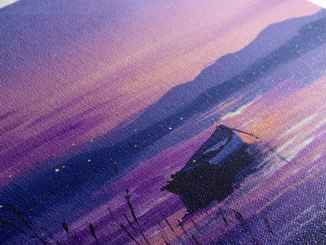 Purple Twilight Lake Boat Wall Art, Serene Sunset Landscape Canvas Print For Living Room Decor, Calming Modern Home Decor