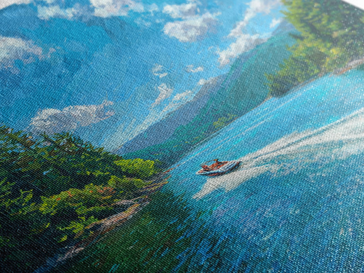 Boat On Mountain Lake Impressionist Landscape Wall Art, Turquoise Lake Painting Print, Nature Wall Art For Living Room Decor