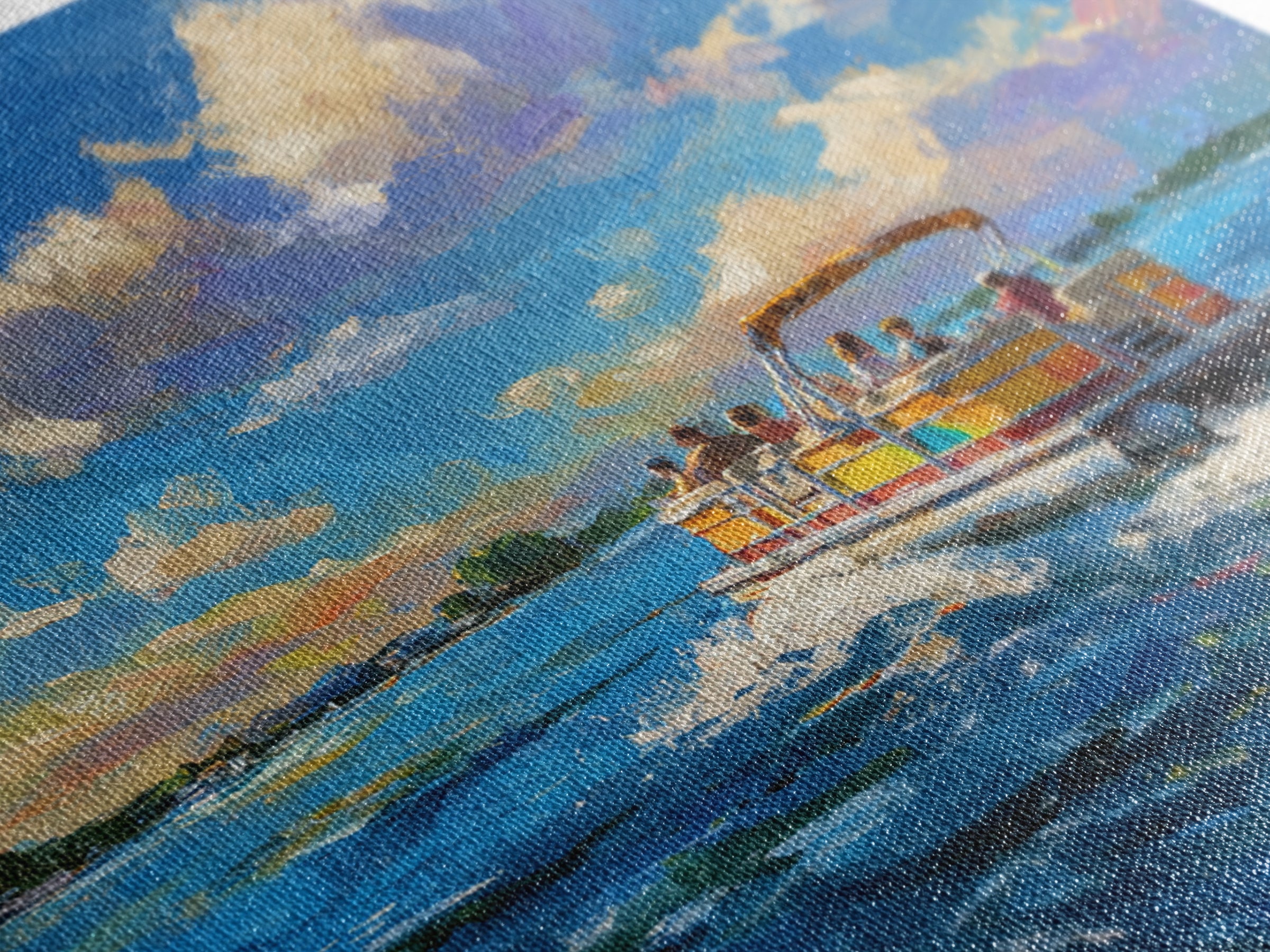 Sunny Boat Day Lake Oil Painting Wall Art, Colorful Coastal Art Print, Nautical Home Decor, Beach House Living Room Wall Art