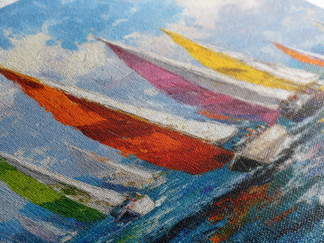 Colorful Sailboats Seascape Oil Painting Wall Art, Coastal Abstract Ocean Canvas Print, Beach House Decor Modern Nautical Art