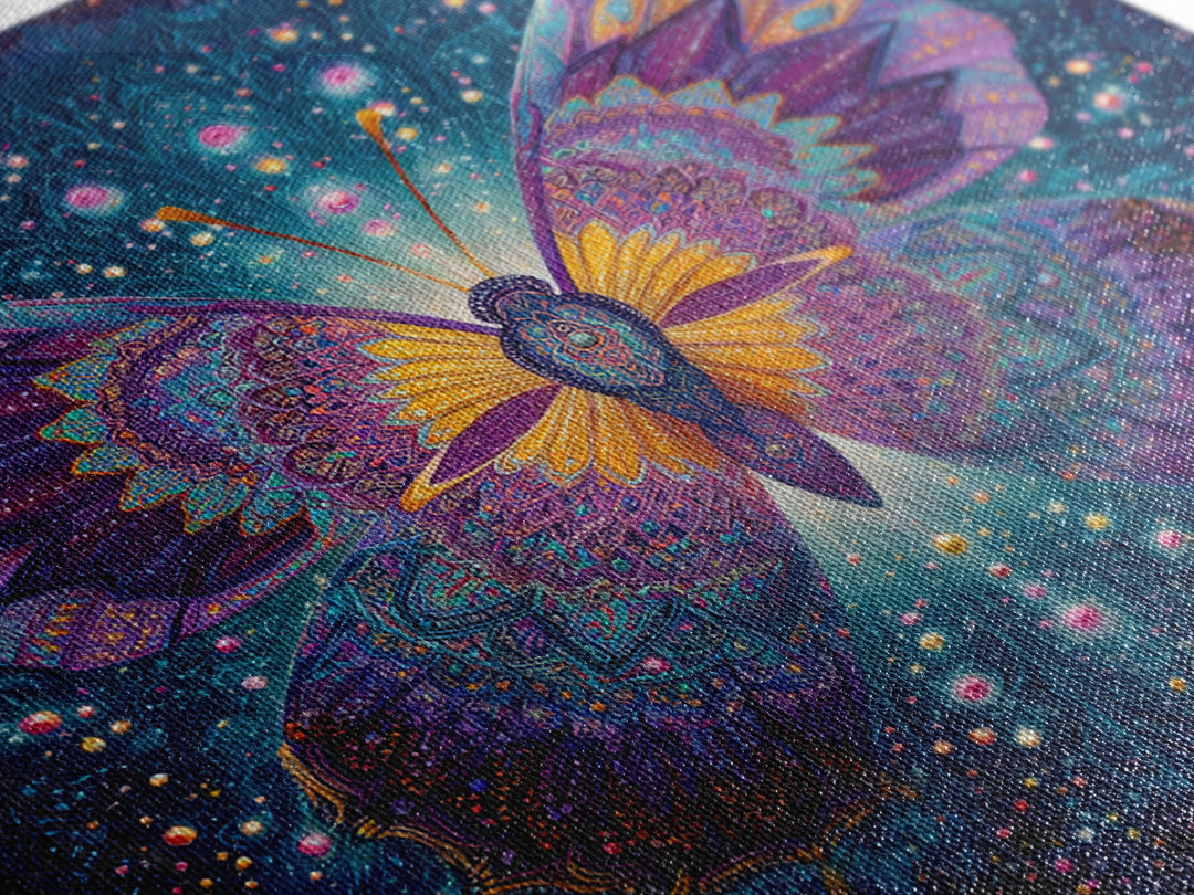 Mystical Butterfly In Cosmic Night Sky Wall Art, Colorful Boho Canvas Print, Spiritual Celestial Home Decor