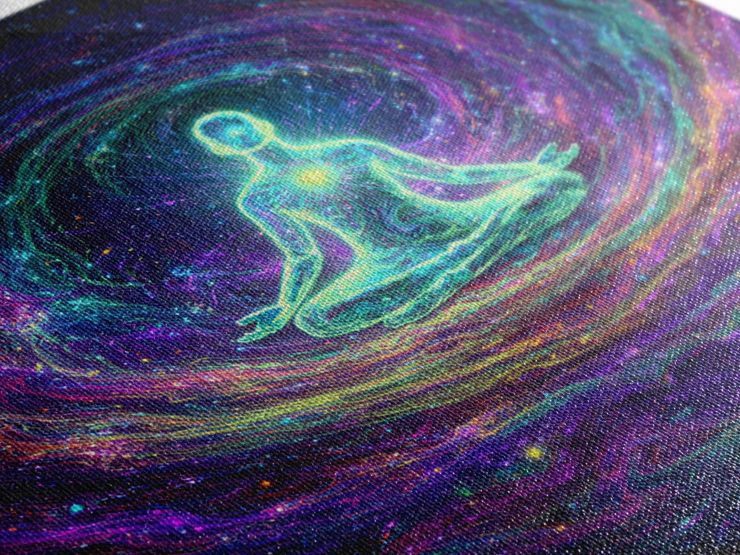 Glowing Figure Meditating In Cosmic Swirl Wall Art, Psychedelic Galaxy Canvas Print, Spiritual Mystical Home Decor
