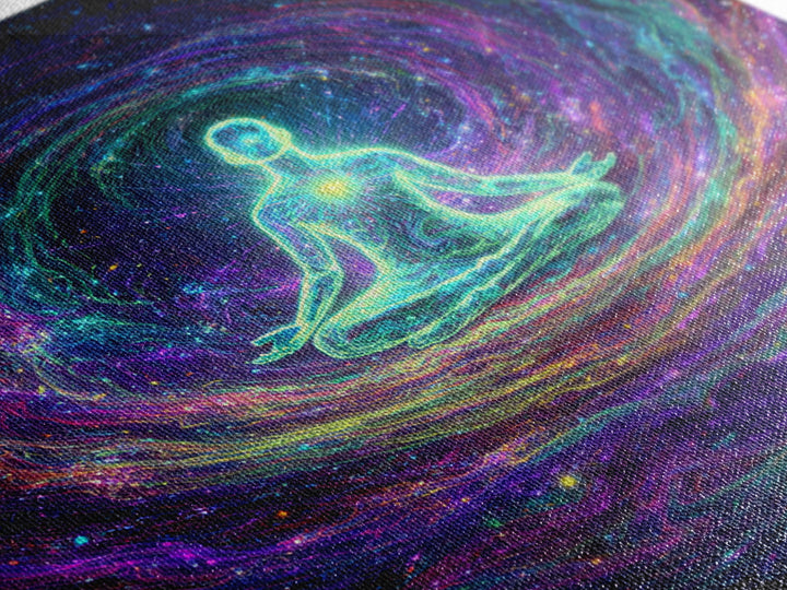 Glowing Figure Meditating In Cosmic Swirl Wall Art, Psychedelic Galaxy Canvas Print, Spiritual Mystical Home Decor