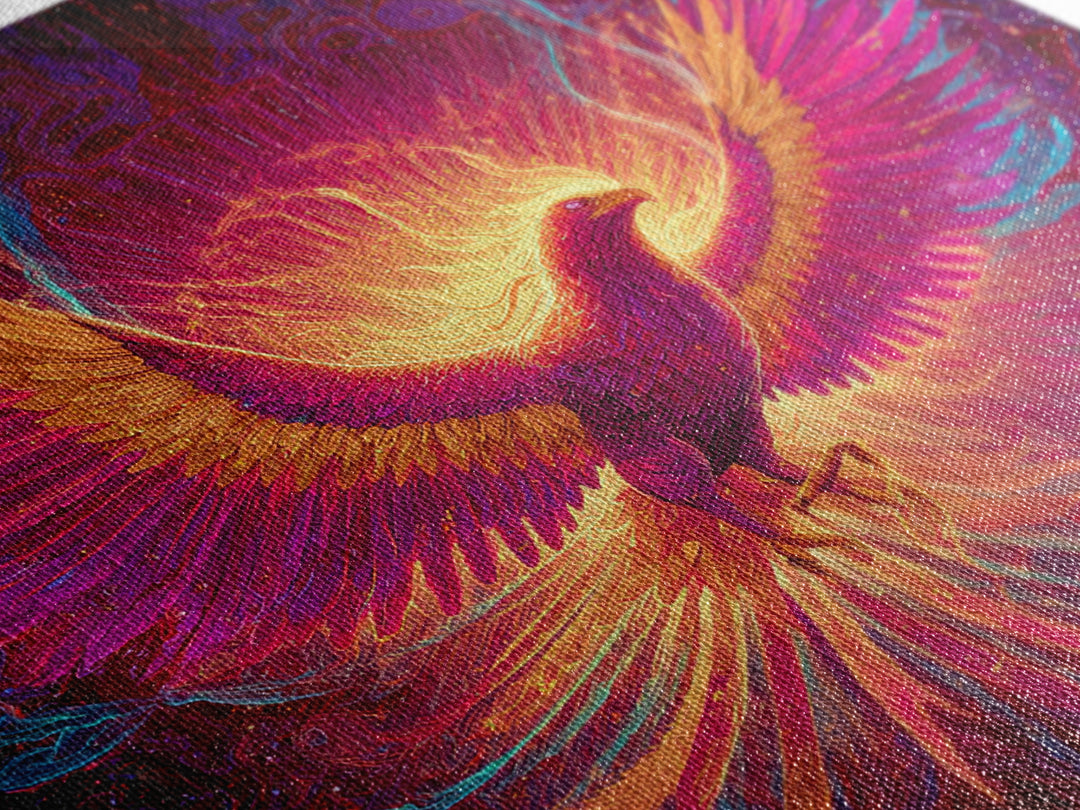 Radiant Phoenix With Fiery Wings Canvas Print, Mythical Bird Fantasy Wall Art, Vibrant Celestial Home Decor Gift For Living Room