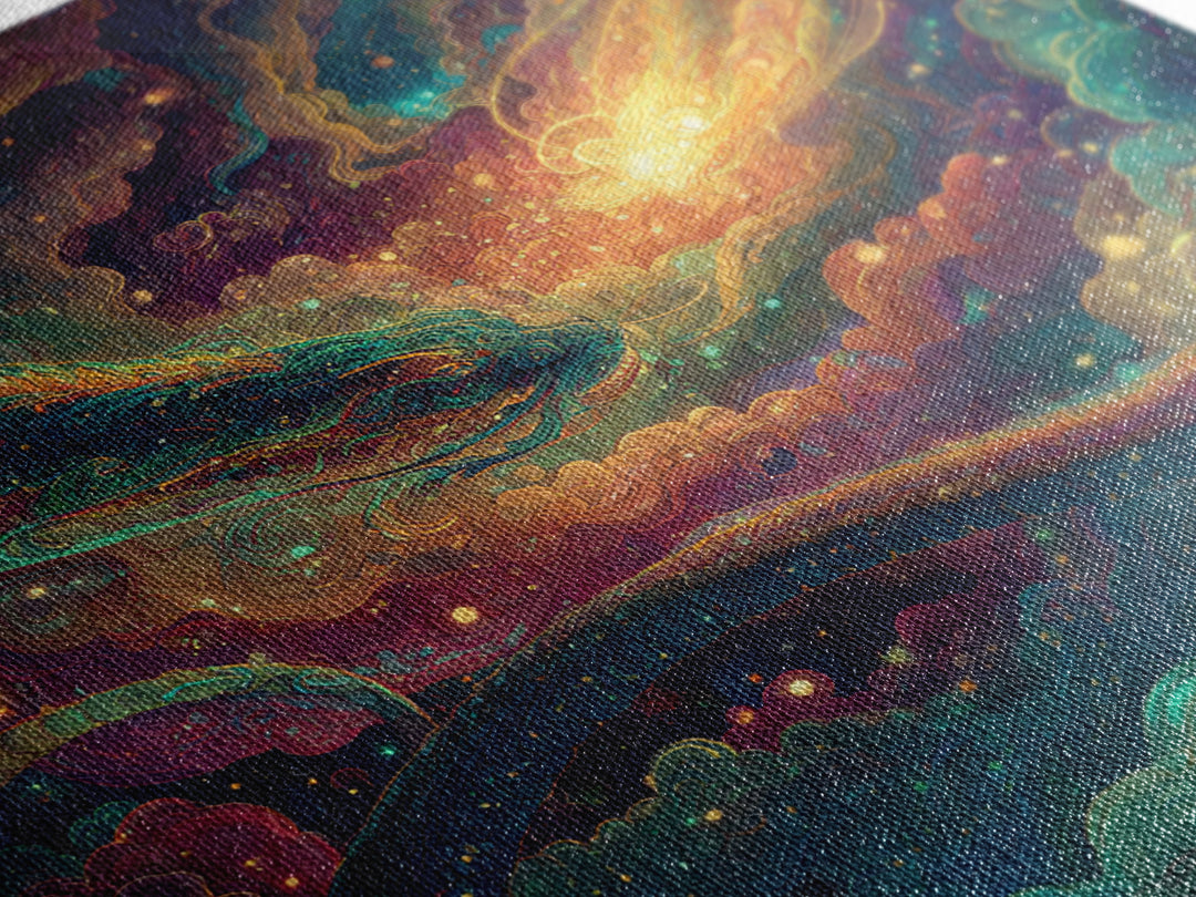 Cosmic Dragon And Phoenix Fantasy Wall Art, Colorful Celestial Galaxy Framed Canvas Print, Mystical Surreal Home Decor