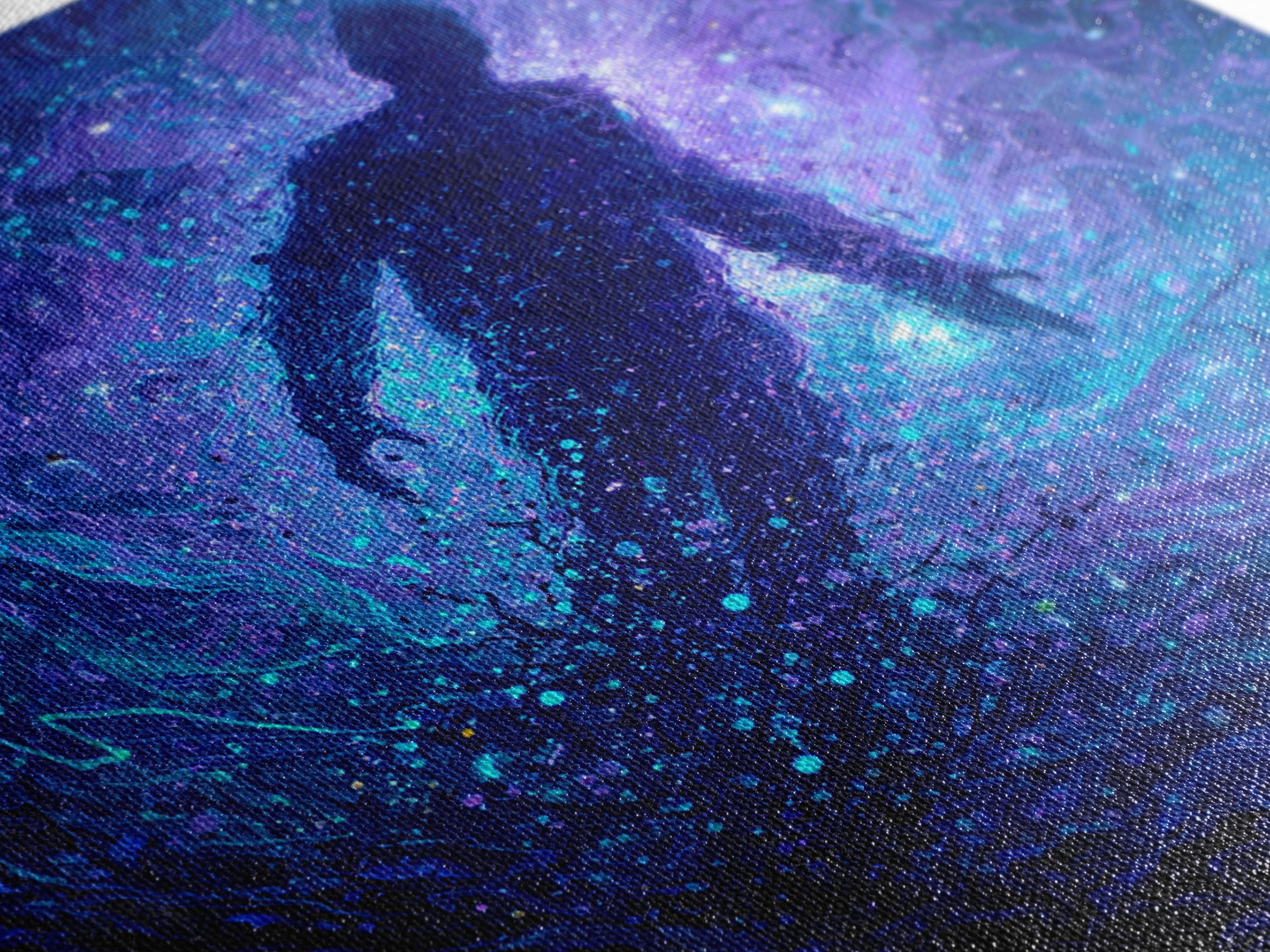 Surreal Figure Floating In Cosmic Blue Swirl Canvas Print, Abstract Space Art, Mystical Wall Art For Modern Living Room Decor