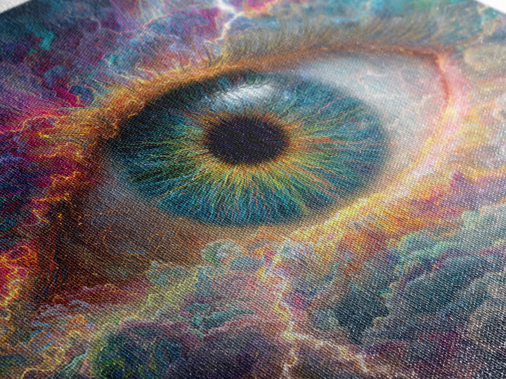 Cosmic Eye In Storm Clouds Framed Canvas Print, Surreal Celestial Wall Art, Psychedelic Visionary Decor For Office And Living Room