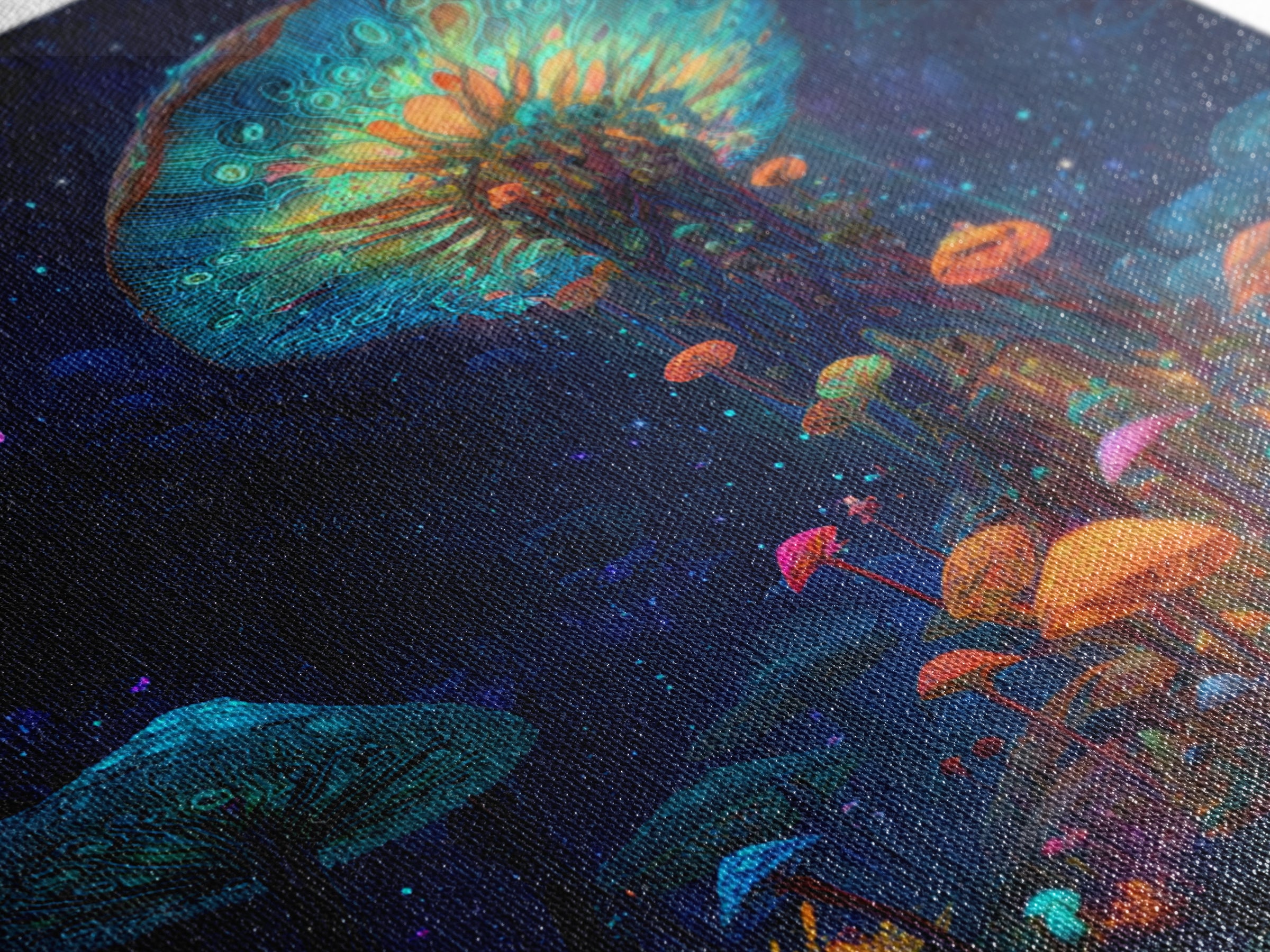 Enchanted Bioluminescent Mushroom Forest Wall Art, Vibrant Fantasy Landscape Canvas Print, Whimsical Nature Home Decor