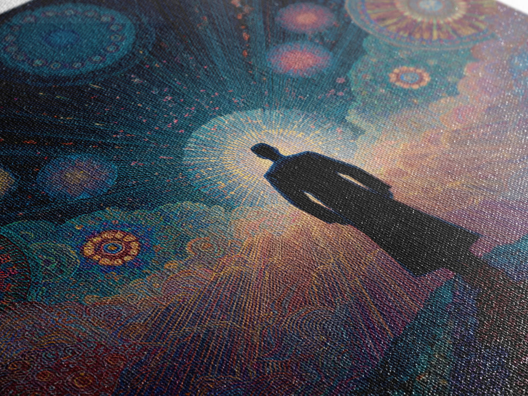 Mystical Figure Under Cosmic Sky Wall Art, Psychedelic Galaxy Path Print, Spiritual Visionary Surreal Art Canvas Print