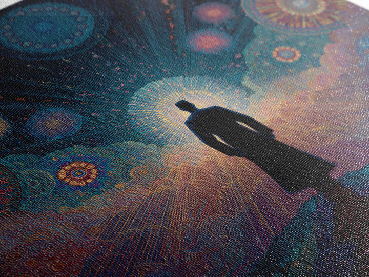 Mystical Figure Under Cosmic Sky Wall Art, Psychedelic Galaxy Path Print, Spiritual Visionary Surreal Art Canvas Print