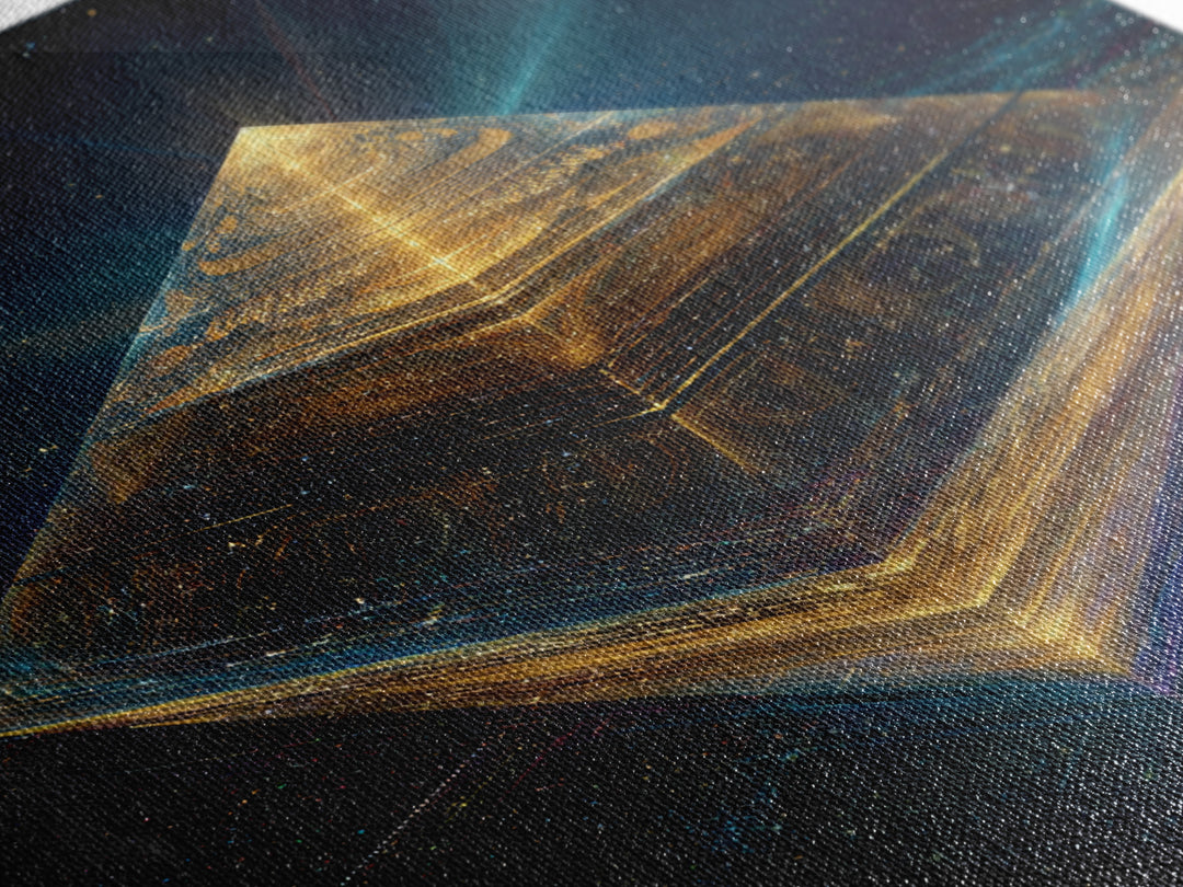 Golden Futuristic Pyramid In Galaxy Surreal Space Wall Art, Cosmic Sci Fi Home Decor, Modern Canvas Print
