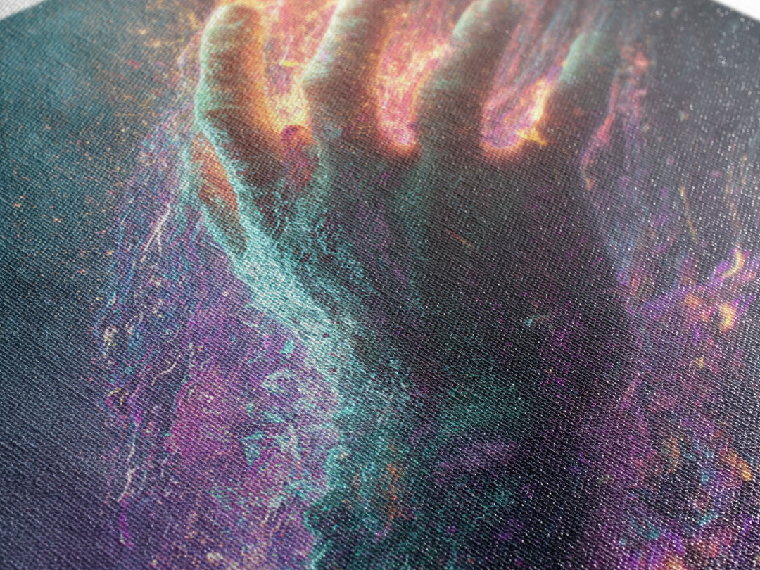 Abstract Cosmic Hand Reaching Wall Art, Surreal Galaxy Canvas Print, Modern Statement Artwork For Living Room Or Office