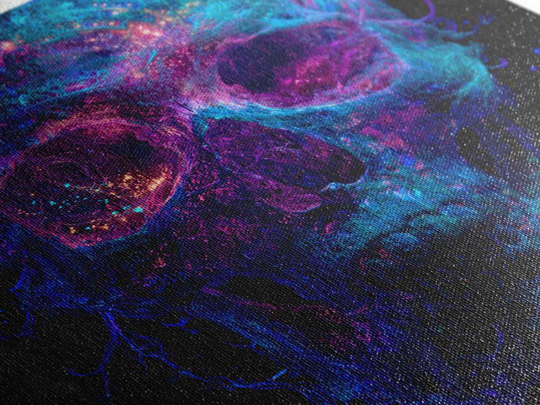 Neon Cosmic Skull Wall Art, Psychedelic Galaxy Bones Canvas Print, Dark Surreal Abstract Art For Gaming Room Or Modern Home Decor
