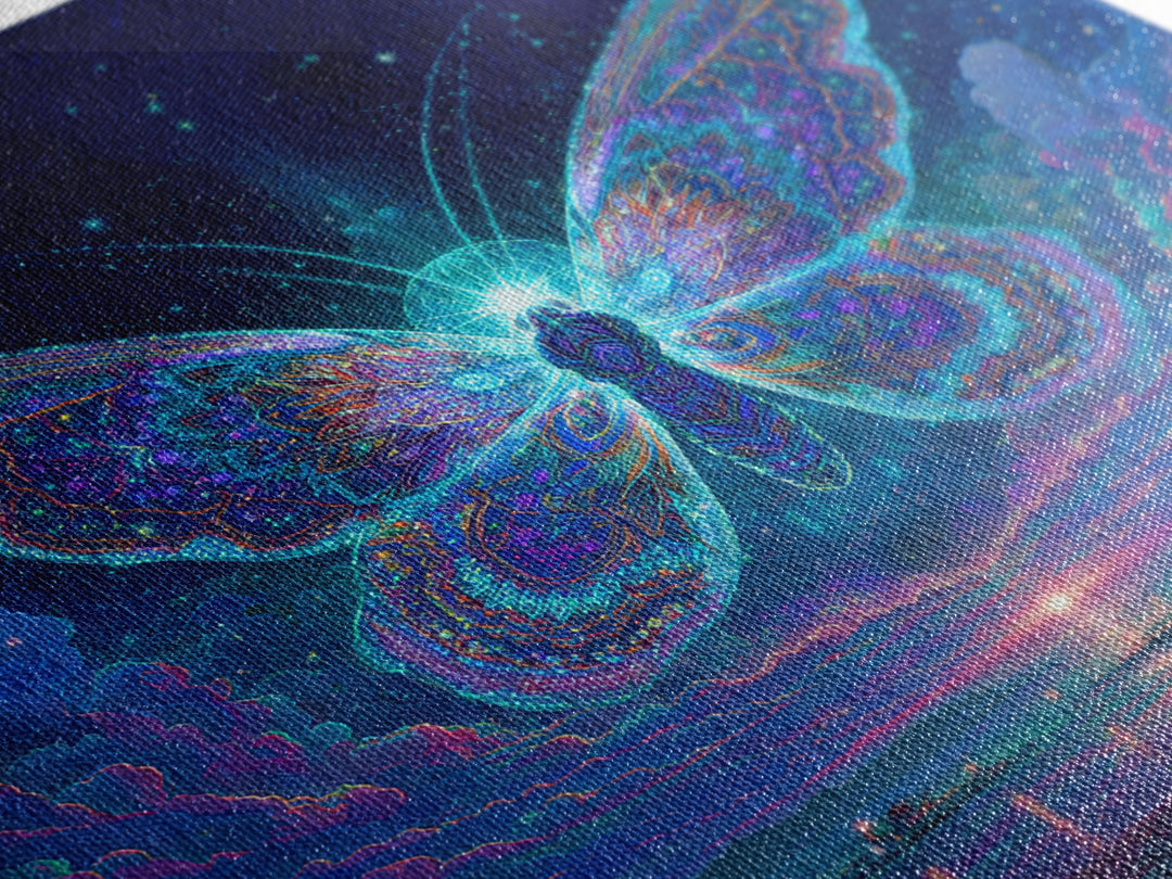 Cosmic Butterfly Over Water Wall Art, Psychedelic Celestial Canvas Print, Fantasy Night Sky Home Decor