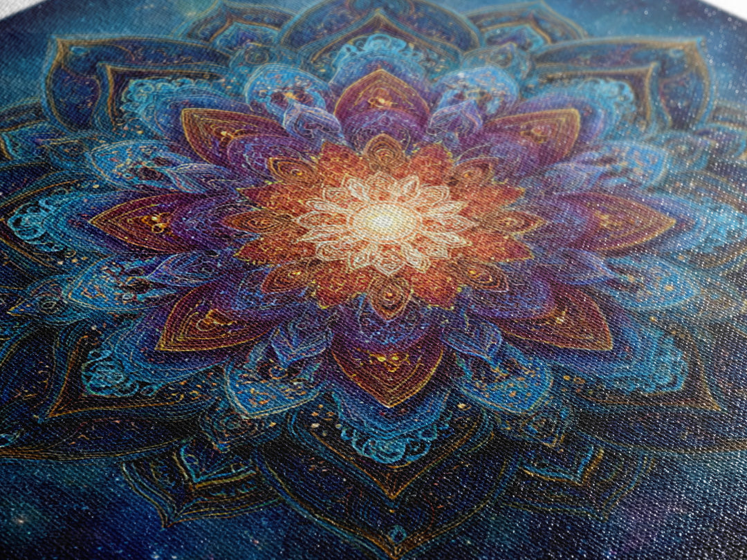 Cosmic Lotus Mandala Galaxy Wall Art, Celestial Spiritual Canvas Print, Mystic Meditation Room Decor Colorful Abstract Art