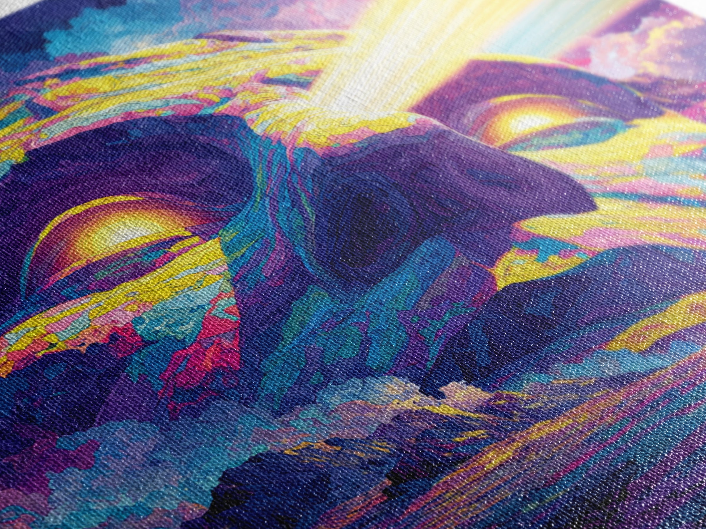 Psychedelic Mountain Face With Cosmic Light Wall Art, Trippy Surreal Landscape Home Decor, Colorful Canvas Print
