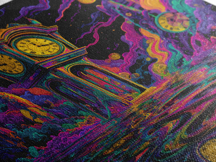 Surreal Neon Clock Dreamscape Wall Art, Psychedelic Abstract Landscape Canvas Print, Colorful Trippy Home Decor