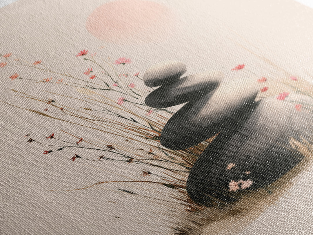 Zen Stacked Stones And Wildflowers Wall Art, Minimalist Meditation Canvas Print, Japandi Spa Decor, Calming Gift For Her