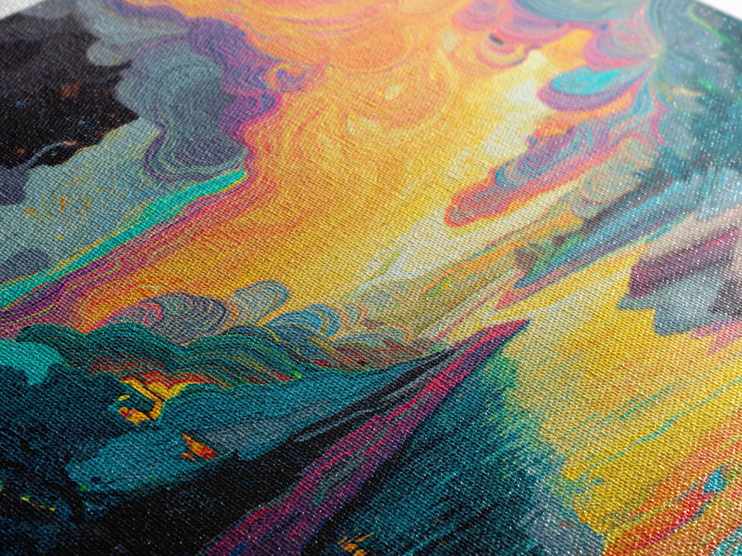 Psychedelic River Sunset Wall Art, Colorful Abstract Landscape Painting, Modern Boho Home Decor, Living Room Canvas Print